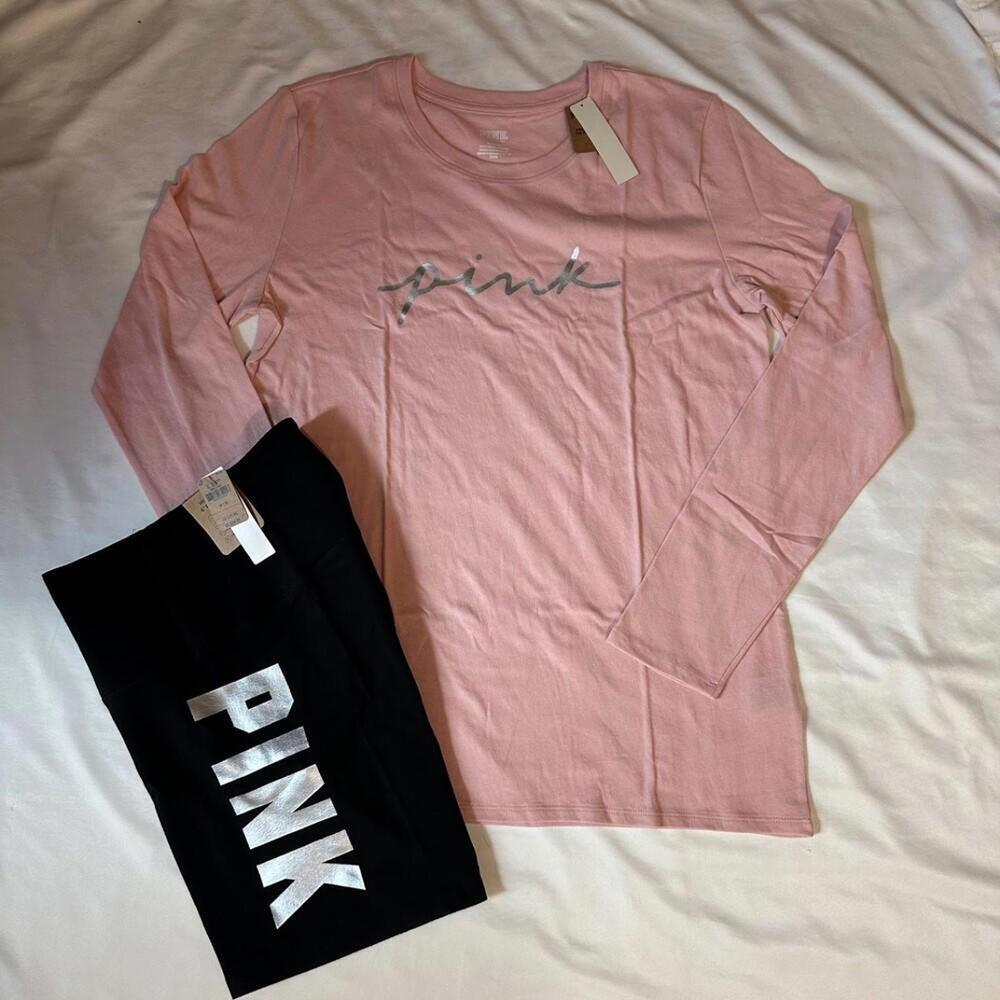 Pink Victoria's Secret Long Sleeve And Biker Shorts Set